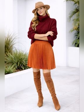 Orange Satin Pleated Mini Skirt